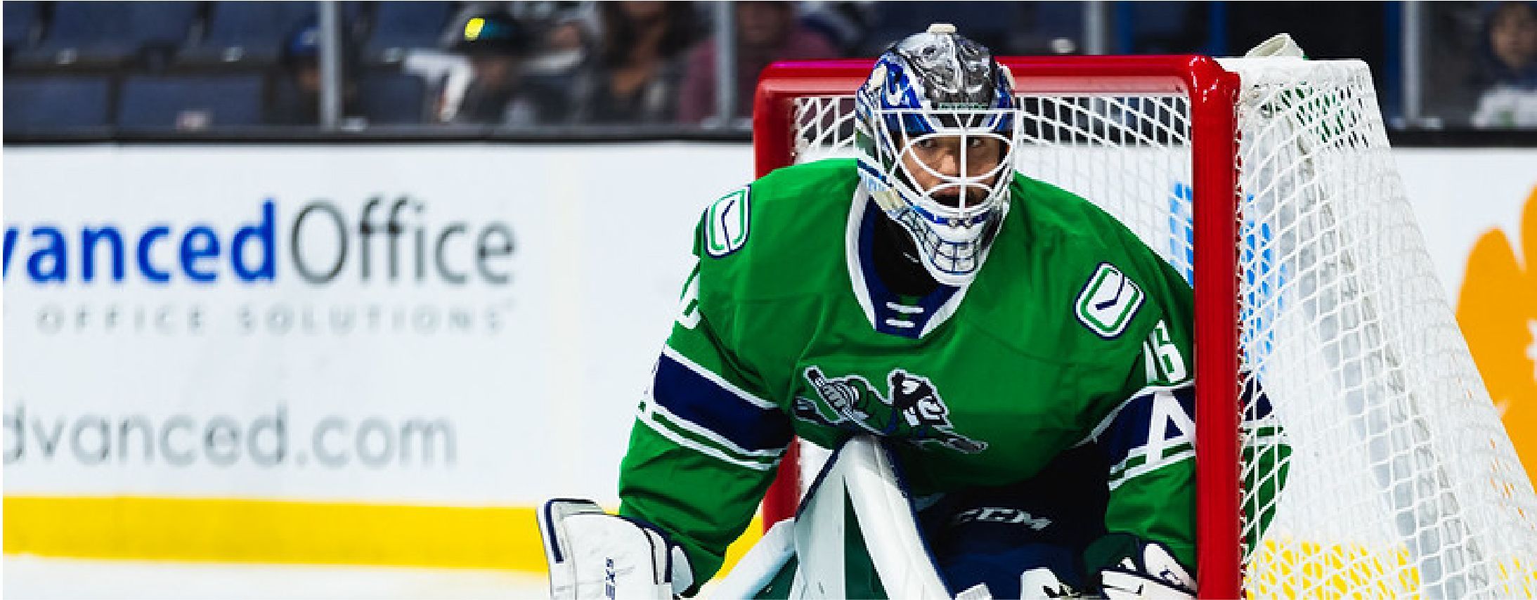 Arturs Silov in net during the Abbotsford Canucks first ever AHL Victory